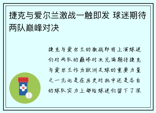 捷克与爱尔兰激战一触即发 球迷期待两队巅峰对决